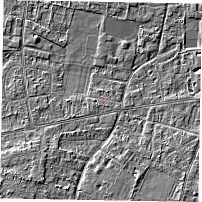 Shaded relief map of the ground around SL45EU, computed from Environment Agency LiDAR. The ground here sits at about 21 m above sea level and falls 9 m across the surrounding 800 m. Surface water reaching this point runs off ground lying to the south-east, 0.9 m higher.