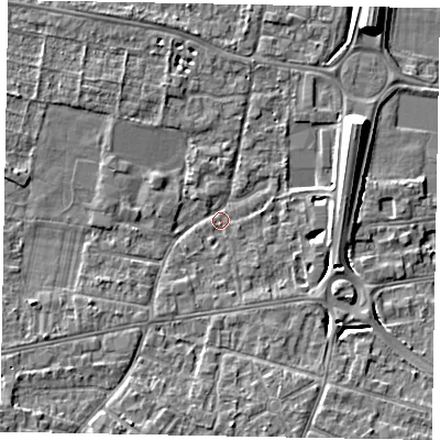 Shaded relief map of the ground around SL45EW, computed from Environment Agency LiDAR. The ground here sits at about 21 m above sea level and falls 9 m across the surrounding 800 m. Surface water reaching this point runs off ground lying to the north-east, 8.4 m higher.