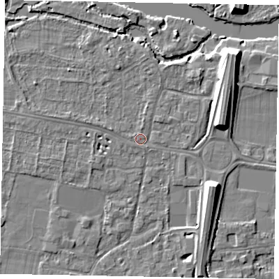 Shaded relief map of the ground around SL45EX, computed from Environment Agency LiDAR. The ground here sits at about 21 m above sea level and falls 10 m across the surrounding 800 m. Surface water reaching this point runs off ground lying to the west-north-west, 0.9 m higher.