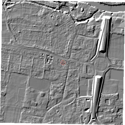 Shaded relief map of the ground around SL45EY, computed from Environment Agency LiDAR. The ground here sits at about 21 m above sea level and falls 10 m across the surrounding 800 m. Surface water reaching this point runs off ground lying to the north-west, 2.0 m higher.