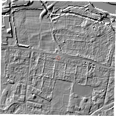 Shaded relief map of the ground around SL45EZ, computed from Environment Agency LiDAR. The ground here sits at about 21 m above sea level and falls 6 m across the surrounding 800 m. The ground contributing surface water to this point lies to the south-east.