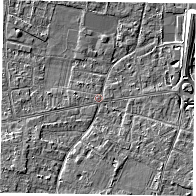 Shaded relief map of the ground around SL45FF, computed from Environment Agency LiDAR. The ground here sits at about 22 m above sea level and falls 9 m across the surrounding 800 m. Surface water reaching this point runs off ground lying to the south-west, 5.9 m higher.