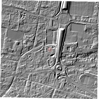 Shaded relief map of the ground around SL45FG, computed from Environment Agency LiDAR. The ground here sits at about 21 m above sea level and falls 9 m across the surrounding 800 m. Surface water reaching this point runs off ground lying to the east-north-east, 5.5 m higher.