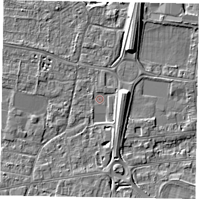 Shaded relief map of the ground around SL45FW, computed from Environment Agency LiDAR. The ground here sits at about 20 m above sea level and falls 9 m across the surrounding 800 m. Surface water reaching this point runs off ground lying to the east, 8.4 m higher.