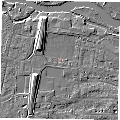 Shaded relief map of the ground around SL45FY, computed from Environment Agency LiDAR. The ground here sits at about 20 m above sea level and falls 10 m across the surrounding 800 m. Surface water reaching this point runs off ground lying to the west-north-west, 7.8 m higher.