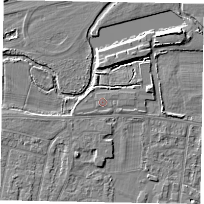 Shaded relief map of the ground around SL45GD, computed from Environment Agency LiDAR. The ground here sits at about 22 m above sea level and falls 6 m across the surrounding 800 m. Surface water reaching this point runs off ground lying to the west-south-west, 0.9 m higher.
