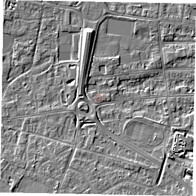 Shaded relief map of the ground around SL45GE, computed from Environment Agency LiDAR. The ground here sits at about 21 m above sea level and falls 9 m across the surrounding 800 m. Surface water reaching this point runs off ground lying to the west-south-west, 4.1 m higher.