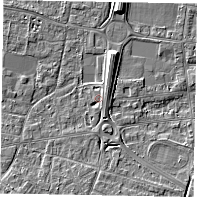 Shaded relief map of the ground around SL45GG, computed from Environment Agency LiDAR. The ground here sits at about 21 m above sea level and falls 9 m across the surrounding 800 m. Surface water reaching this point runs off ground lying to the north-east, 5.5 m higher.