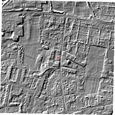 Shaded relief map of the ground around SL45GL, computed from Environment Agency LiDAR. The ground here sits at about 21 m above sea level and falls 5 m across the surrounding 800 m. Surface water reaching this point runs off ground lying to the south-west, 4.6 m higher.