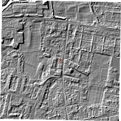 Shaded relief map of the ground around SL45GN, computed from Environment Agency LiDAR. The ground here sits at about 21 m above sea level and falls 5 m across the surrounding 800 m. Surface water reaching this point runs off ground lying to the south-west, 4.4 m higher.