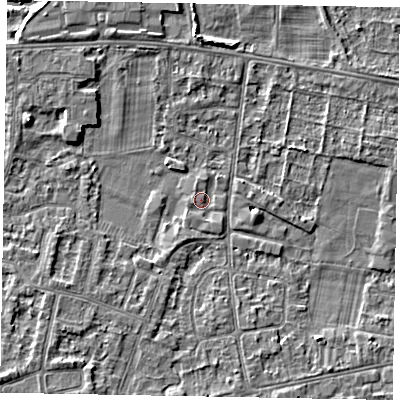 Shaded relief map of the ground around SL45GP, computed from Environment Agency LiDAR. The ground here sits at about 21 m above sea level and falls 6 m across the surrounding 800 m. Surface water reaching this point runs off ground lying to the south-south-east, 0.9 m higher.