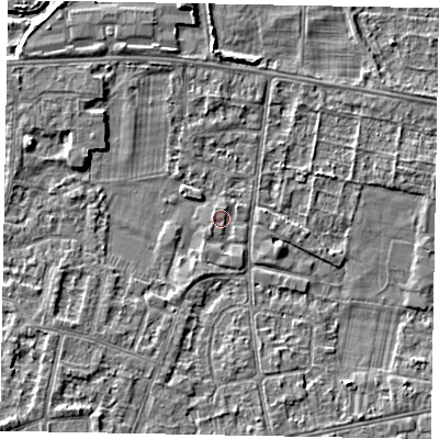 Shaded relief map of the ground around SL45GQ, computed from Environment Agency LiDAR. The ground here sits at about 21 m above sea level and falls 6 m across the surrounding 800 m. Surface water reaching this point runs off ground lying to the south-south-east, 0.9 m higher.