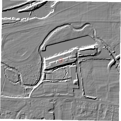Shaded relief map of the ground around SL45GR, computed from Environment Agency LiDAR. The ground here sits at about 24 m above sea level and falls 8 m across the surrounding 800 m. Surface water reaching this point runs off ground lying to the east, 1.9 m higher.