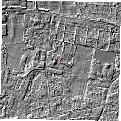 Shaded relief map of the ground around SL45GS, computed from Environment Agency LiDAR. The ground here sits at about 21 m above sea level and falls 5 m across the surrounding 800 m. Surface water reaching this point runs off ground lying to the south-west, 4.9 m higher.