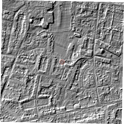 Shaded relief map of the ground around SL45GW, computed from Environment Agency LiDAR. The ground here sits at about 21 m above sea level and falls 8 m across the surrounding 800 m. Surface water reaching this point runs off ground lying to the south-west, 1.0 m higher.