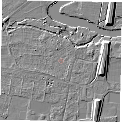 Shaded relief map of the ground around SL45HA, computed from Environment Agency LiDAR. The ground here sits at about 21 m above sea level and falls 10 m across the surrounding 800 m. Surface water reaching this point runs off ground lying to the north-north-west, 1.3 m higher.