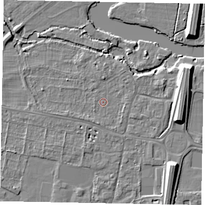 Shaded relief map of the ground around SL45HB, computed from Environment Agency LiDAR. The ground here sits at about 21 m above sea level and falls 10 m across the surrounding 800 m. Surface water reaching this point runs off ground lying to the north, 1.3 m higher.