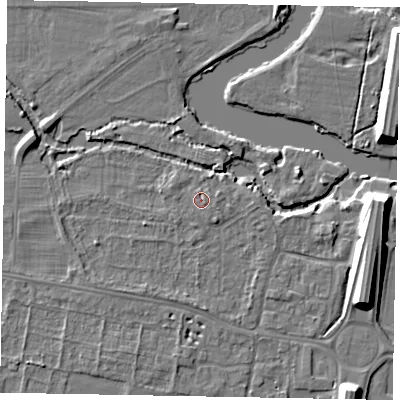 Shaded relief map of the ground around SL45HD, computed from Environment Agency LiDAR. The ground here sits at about 21 m above sea level and falls 10 m across the surrounding 800 m. Surface water reaching this point runs off ground lying to the south-east, 1.2 m higher.