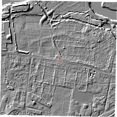 Shaded relief map of the ground around SL45HE, computed from Environment Agency LiDAR. The ground here sits at about 21 m above sea level and falls 7 m across the surrounding 800 m. Surface water reaching this point runs off ground lying to the east-south-east, 1.0 m higher.