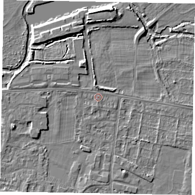Shaded relief map of the ground around SL45HF, computed from Environment Agency LiDAR. The ground here sits at about 21 m above sea level and falls 6 m across the surrounding 800 m. Surface water reaching this point runs off ground lying to the north, 1.7 m higher.