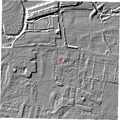 Shaded relief map of the ground around SL45HG, computed from Environment Agency LiDAR. The ground here sits at about 21 m above sea level and falls 5 m across the surrounding 800 m. Surface water reaching this point runs off ground lying to the east-north-east, 0.8 m higher.