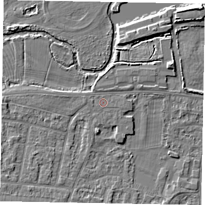 Shaded relief map of the ground around SL45HJ, computed from Environment Agency LiDAR. The ground here sits at about 22 m above sea level and falls 6 m across the surrounding 800 m. Surface water reaching this point runs off ground lying to the west, 0.7 m higher.