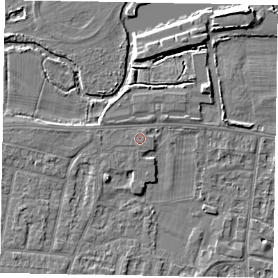 Shaded relief map of the ground around SL45HL, computed from Environment Agency LiDAR. The ground here sits at about 22 m above sea level and falls 6 m across the surrounding 800 m. The ground contributing surface water to this point lies to the south.