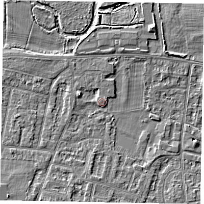 Shaded relief map of the ground around SL45HN, computed from Environment Agency LiDAR. The ground here sits at about 22 m above sea level and falls 6 m across the surrounding 800 m. Surface water reaching this point runs off ground lying to the south-west, 5.1 m higher.