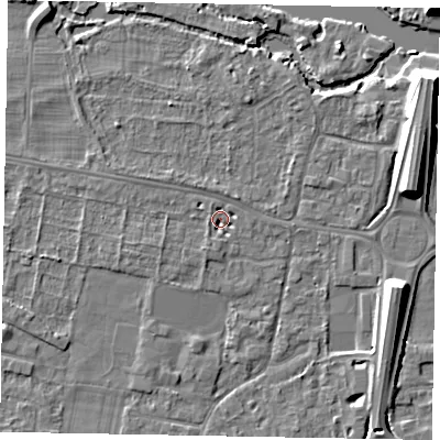 Shaded relief map of the ground around SL45HP, computed from Environment Agency LiDAR. The ground here sits at about 21 m above sea level and falls 10 m across the surrounding 800 m. Surface water reaching this point runs off ground lying to the north-east, 2.0 m higher.