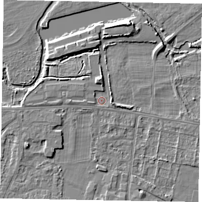 Shaded relief map of the ground around SL45HQ, computed from Environment Agency LiDAR. The ground here sits at about 21 m above sea level and falls 6 m across the surrounding 800 m. Surface water reaching this point runs off ground lying to the west, 1.7 m higher.