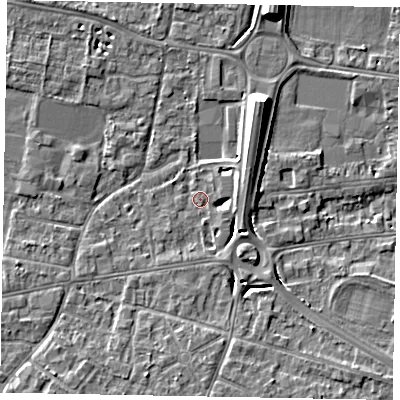 Shaded relief map of the ground around SL45HS, computed from Environment Agency LiDAR. The ground here sits at about 21 m above sea level and falls 9 m across the surrounding 800 m. Surface water reaching this point runs off ground lying to the south-south-east, 2.7 m higher.