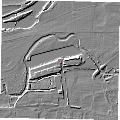 Shaded relief map of the ground around SL45HT, computed from Environment Agency LiDAR. The ground here sits at about 22 m above sea level and falls 8 m across the surrounding 800 m. Surface water reaching this point runs off ground lying to the east, 5.9 m higher.