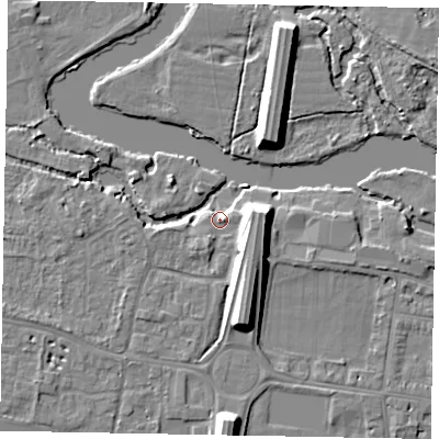 Shaded relief map of the ground around SL45HU, computed from Environment Agency LiDAR. The ground here sits at about 21 m above sea level and falls 10 m across the surrounding 800 m. Surface water reaching this point runs off ground lying to the east, 8.3 m higher.