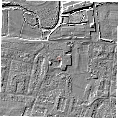 Shaded relief map of the ground around SL45HW, computed from Environment Agency LiDAR. The ground here sits at about 22 m above sea level and falls 5 m across the surrounding 800 m. Surface water reaching this point runs off ground lying to the east-north-east, 0.7 m higher.