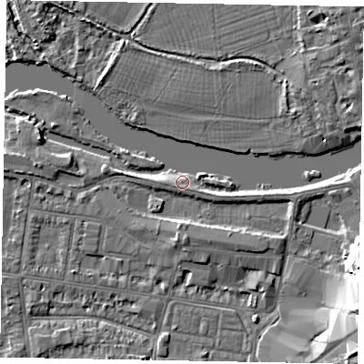 Shaded relief map of the ground around SL45HZ, computed from Environment Agency LiDAR. The ground here sits at about 20 m above sea level and falls 10 m across the surrounding 800 m. Surface water reaching this point runs off ground lying to the east-south-east, 2.5 m higher.