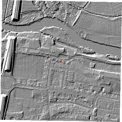 Shaded relief map of the ground around SL45JA, computed from Environment Agency LiDAR. The ground here sits at about 20 m above sea level and falls 10 m across the surrounding 800 m. Surface water reaching this point runs off ground lying to the west-north-west, 2.2 m higher.