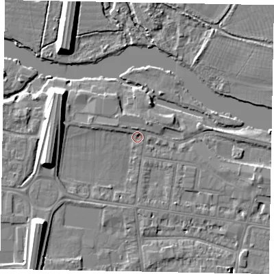 Shaded relief map of the ground around SL45JB, computed from Environment Agency LiDAR. The ground here sits at about 20 m above sea level and falls 10 m across the surrounding 800 m. Surface water reaching this point runs off ground lying to the west-north-west, 6.9 m higher.