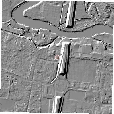 Shaded relief map of the ground around SL45JD, computed from Environment Agency LiDAR. The ground here sits at about 21 m above sea level and falls 10 m across the surrounding 800 m. Surface water reaching this point runs off ground lying to the east-north-east, 7.0 m higher.
