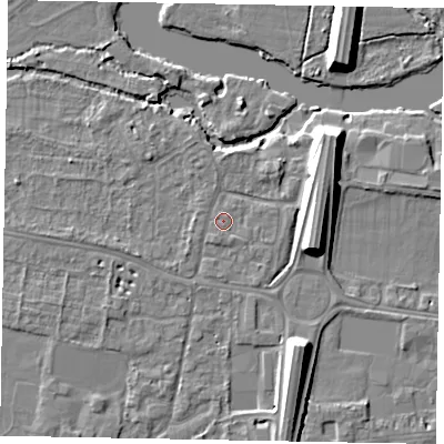 Shaded relief map of the ground around SL45JE, computed from Environment Agency LiDAR. The ground here sits at about 21 m above sea level and falls 10 m across the surrounding 800 m. Surface water reaching this point runs off ground lying to the south-south-west, 0.8 m higher.