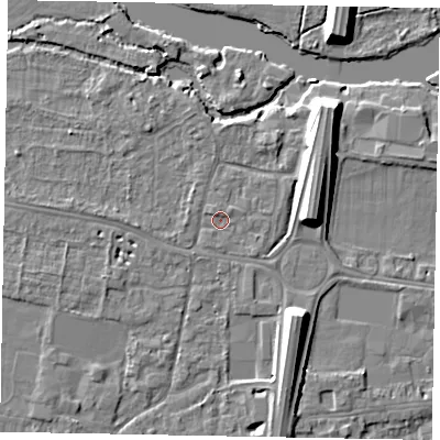 Shaded relief map of the ground around SL45JF, computed from Environment Agency LiDAR. The ground here sits at about 21 m above sea level and falls 10 m across the surrounding 800 m. Surface water reaching this point runs off ground lying to the north-west, 0.8 m higher.