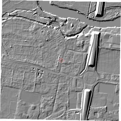 Shaded relief map of the ground around SL45JG, computed from Environment Agency LiDAR. The ground here sits at about 21 m above sea level and falls 10 m across the surrounding 800 m. Surface water reaching this point runs off ground lying to the east-south-east, 0.7 m higher.