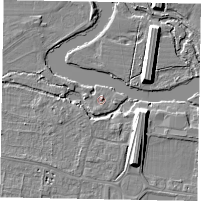 Shaded relief map of the ground around SL45JH, computed from Environment Agency LiDAR. The ground here sits at about 20 m above sea level and falls 10 m across the surrounding 800 m. Surface water reaching this point runs off ground lying to the north-east, 2.1 m higher.