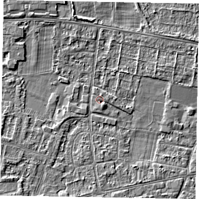 Shaded relief map of the ground around SL45JL, computed from Environment Agency LiDAR. The ground here sits at about 21 m above sea level and falls 5 m across the surrounding 800 m. Surface water reaching this point runs off ground lying to the south-east, 2.5 m higher.