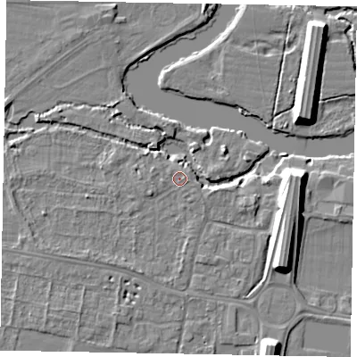 Shaded relief map of the ground around SL45JQ, computed from Environment Agency LiDAR. The ground here sits at about 21 m above sea level and falls 10 m across the surrounding 800 m. Surface water reaching this point runs off ground lying to the west-south-west, 0.7 m higher.