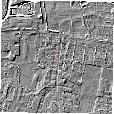 Shaded relief map of the ground around SL45JR, computed from Environment Agency LiDAR. The ground here sits at about 21 m above sea level and falls 5 m across the surrounding 800 m. Surface water reaching this point runs off ground lying to the south-west, 3.0 m higher.