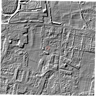 Shaded relief map of the ground around SL45JS, computed from Environment Agency LiDAR. The ground here sits at about 21 m above sea level and falls 5 m across the surrounding 800 m. Surface water reaching this point runs off ground lying to the south-west, 3.4 m higher.