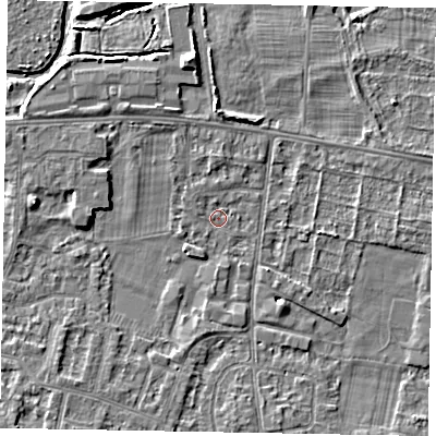 Shaded relief map of the ground around SL45JT, computed from Environment Agency LiDAR. The ground here sits at about 21 m above sea level and falls 5 m across the surrounding 800 m. Surface water reaching this point runs off ground lying to the south-west, 3.2 m higher.