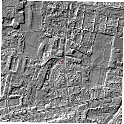 Shaded relief map of the ground around SL45JY, computed from Environment Agency LiDAR. The ground here sits at about 21 m above sea level and falls 7 m across the surrounding 800 m. Surface water reaching this point runs off ground lying to the south-west, 5.8 m higher.