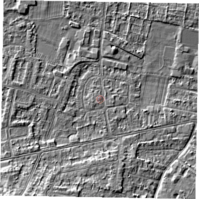 Shaded relief map of the ground around SL45JZ, computed from Environment Agency LiDAR. The ground here sits at about 22 m above sea level and falls 11 m across the surrounding 800 m. Surface water reaching this point runs off ground lying to the south-east, 0.8 m higher.