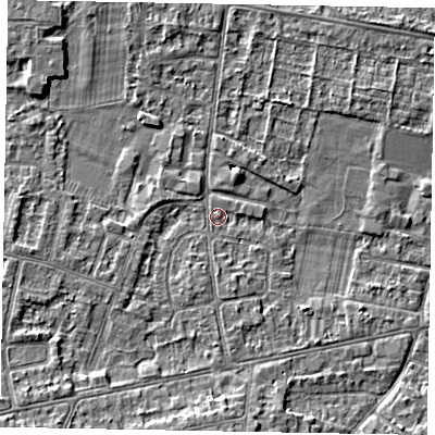 Shaded relief map of the ground around SL45LA, computed from Environment Agency LiDAR. The ground here sits at about 21 m above sea level and falls 7 m across the surrounding 800 m. Surface water reaching this point runs off ground lying to the south-west, 5.8 m higher.